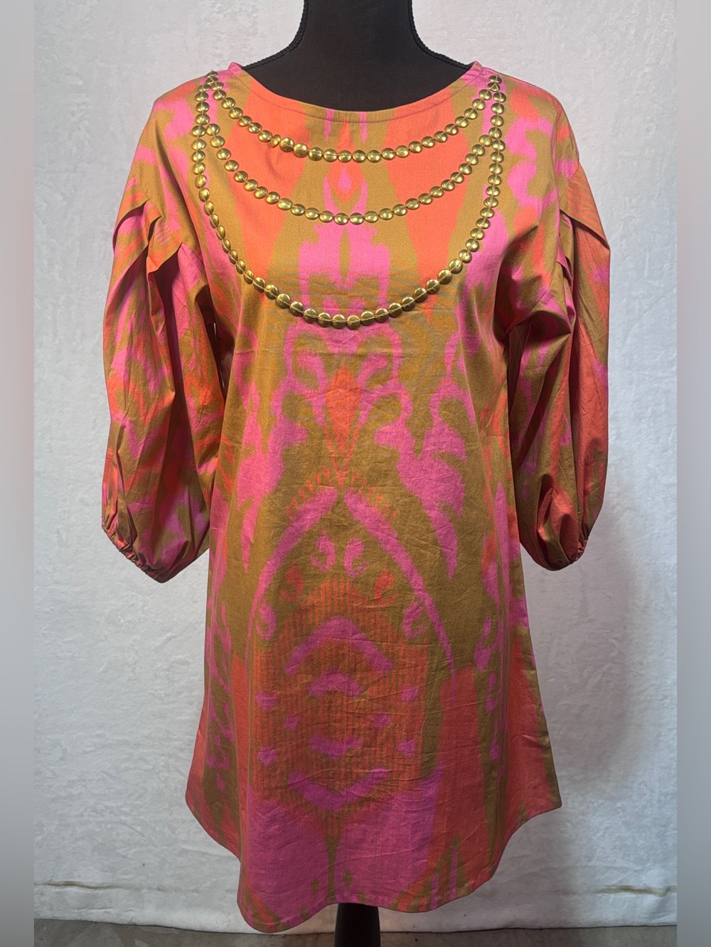 Sheridan French Madison Dress Caramel Ikat Gold Stud Detail Boho XS